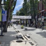 Panoramic view of Insadong cultural street in Seoul with traditional shops and pedestrians