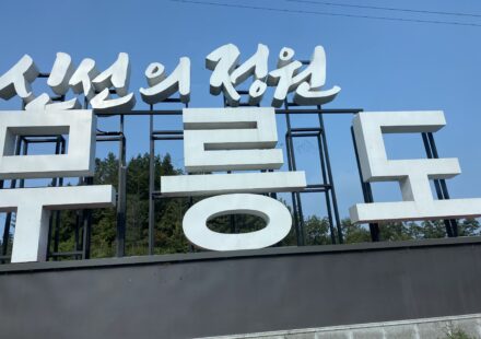 Entrance sign of Mureungdowon in Yeongwol, Gangwon Province, set against a clear blue sky.